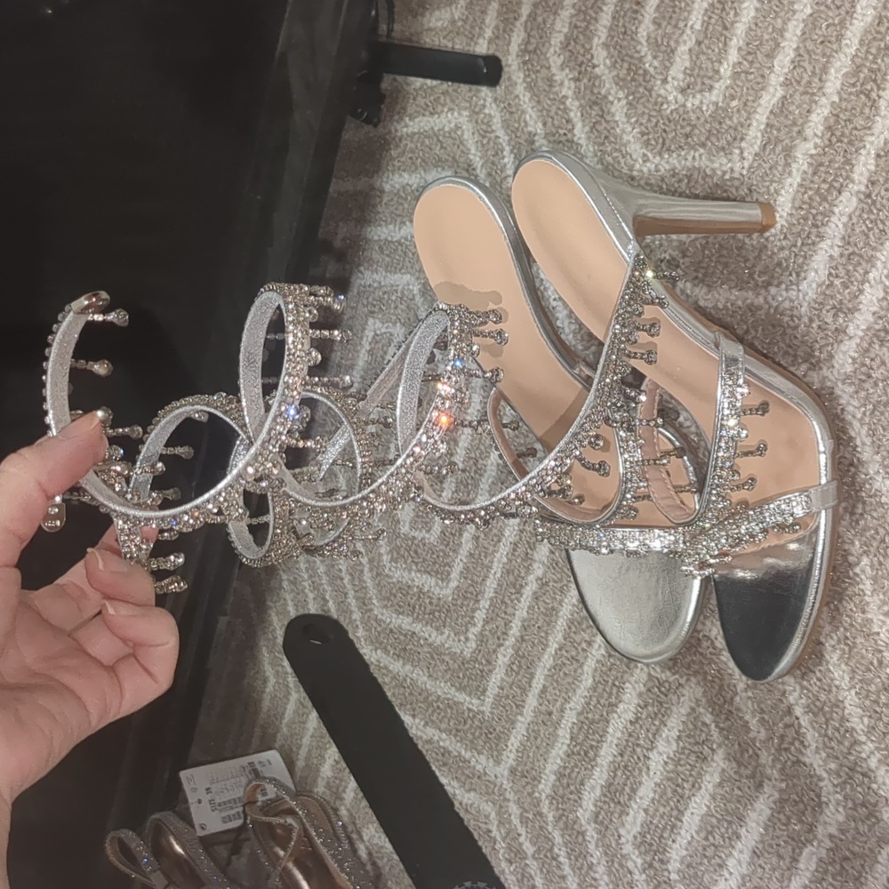 Silver Rhinestone Snake Wrap Peep Toe Stiletto Heels - Picture 7 of 9